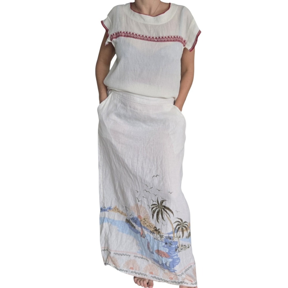 Cynthia Rowley Tropical Linen Maxi Skirt M Semi-sheer White Nautical Boho Beach - Picture 5 of 13